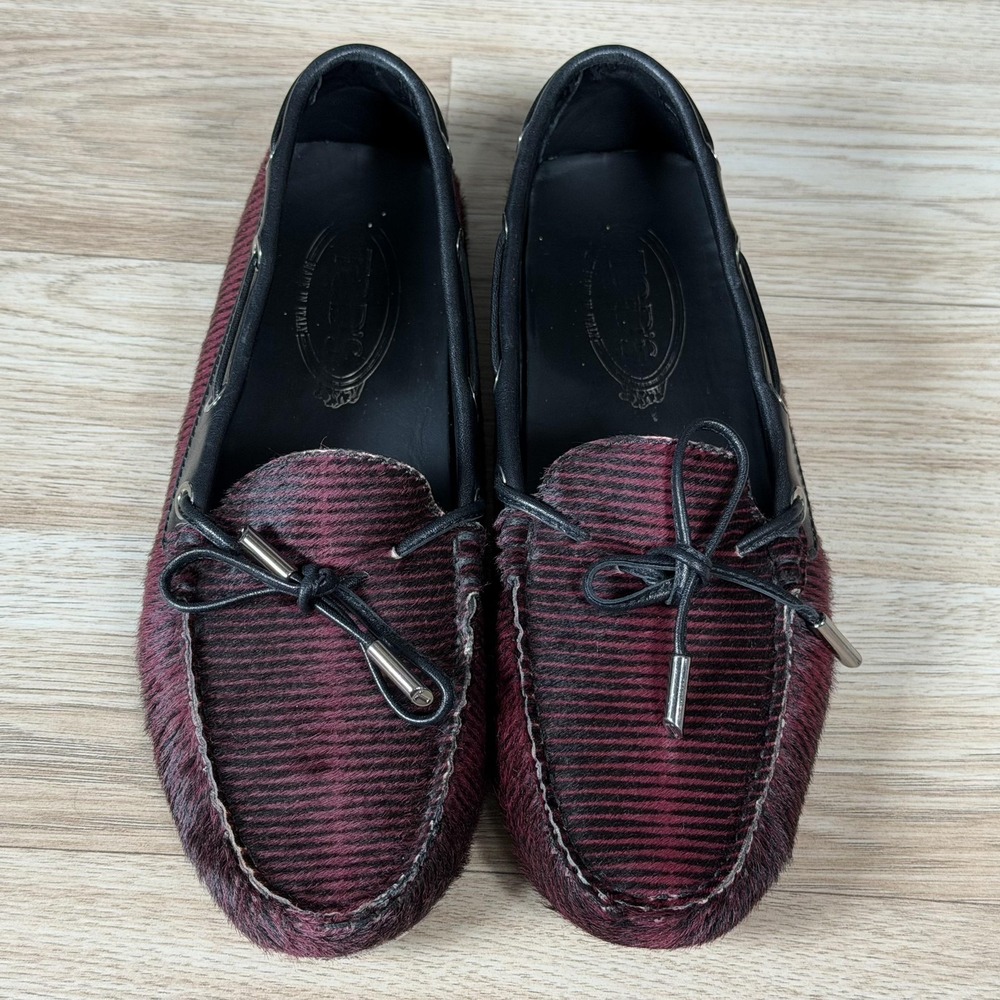 Tods Gommino Driving Shoes Womens 8 Purple Black Pony Hair Striped Loafers Italy - Picture 3 of 11
